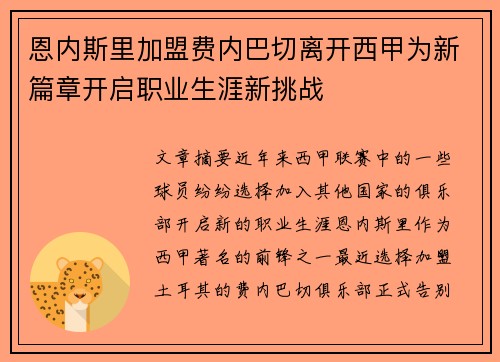恩内斯里加盟费内巴切离开西甲为新篇章开启职业生涯新挑战